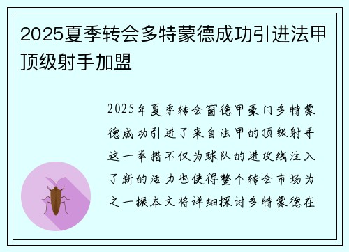 2025夏季转会多特蒙德成功引进法甲顶级射手加盟 2025夏季转会多特蒙德成功引进法甲顶级射手加盟