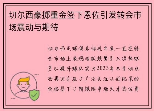 切尔西豪掷重金签下恩佐引发转会市场震动与期待 切尔西豪掷重金签下恩佐引发转会市场震动与期待